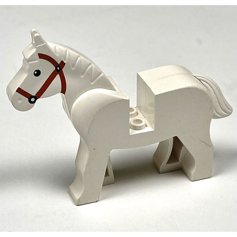 VTG LEGO 3" White HORSE 4493 4494 w/ Moving Head Brown Bridle Building Block EUC